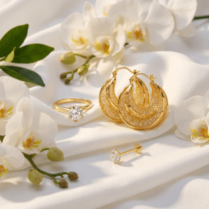 Elegant Golden Crystal 3-Piece Jewellery Set – Earrings & Rings