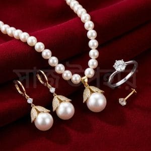 Pearl Jewelry Gift Set | 1x necklace | 1 finger ring | 1 nose pin -Leaf White