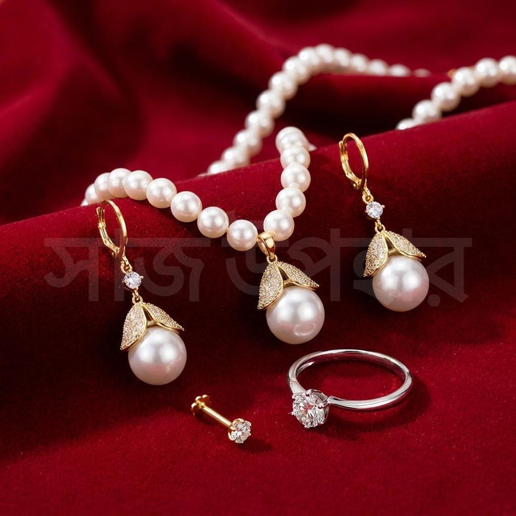 Pearl Jewelry Gift Set | 1x necklace | 1 finger ring | 1 nose pin -Leaf White - Image 2