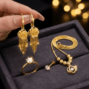 24K Gold Plated Complete Jewelry Set | 1x necklace | 1 finger ring | 1 nose pin -Diamond