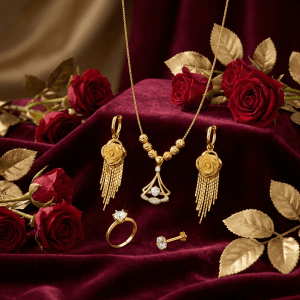 24K Gold Plated Complete Jewelry Set | 1x necklace | 1 Pair ear ring  | 1 finger ring | 1 nose pin -Triangle