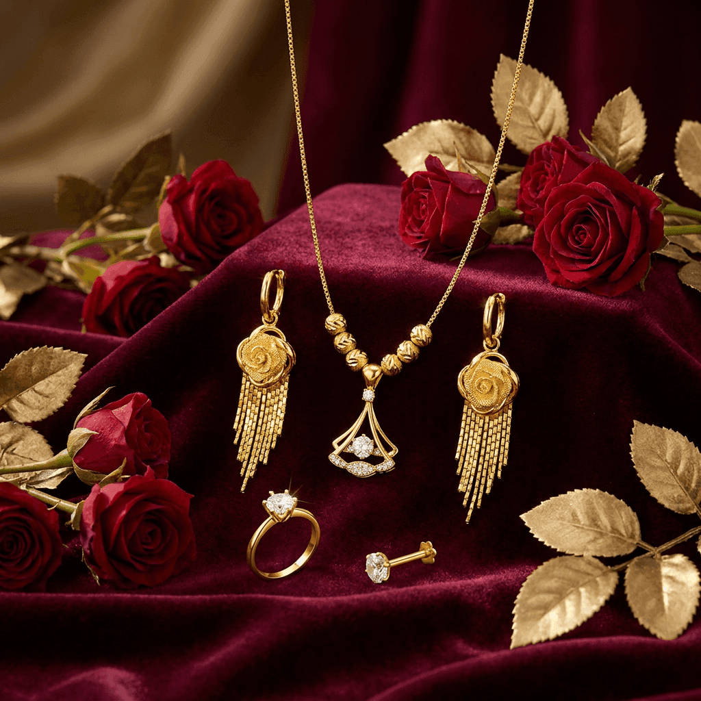 24K Gold Plated Complete Jewelry Set | 1x necklace | 1 Pair ear ring | 1 finger ring | 1 nose pin -Triangle