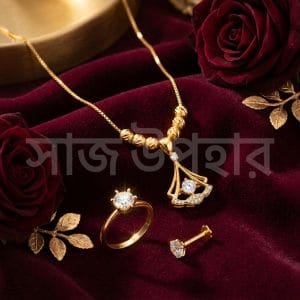 24K Gold Plated Complete Jewelry Set | 1x necklace | 1 Pair ear ring  | 1 finger ring | 1 nose pin -DD set