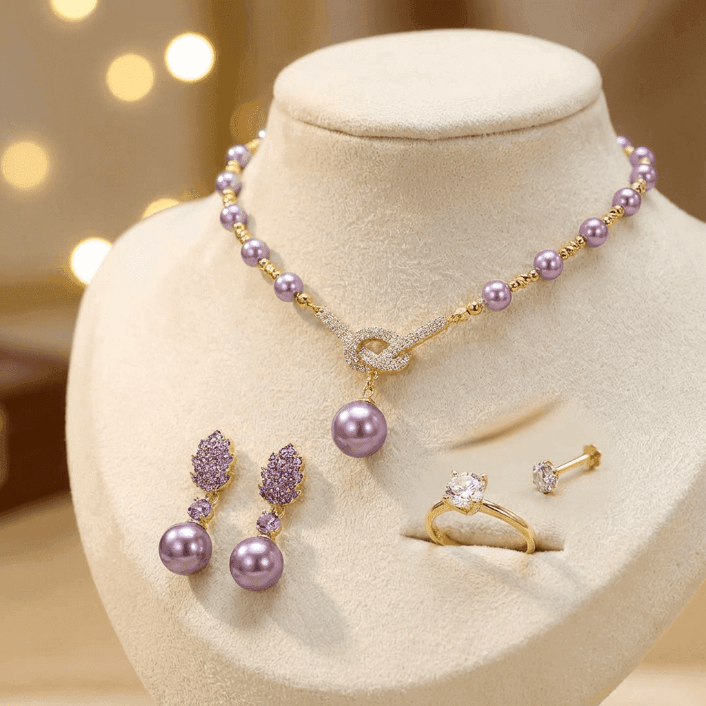 Pearl Jewelry Gift Set | 1x necklace | 1 pair ear ring | 1 finger ring | 1 nose pin -PLF - Image 4