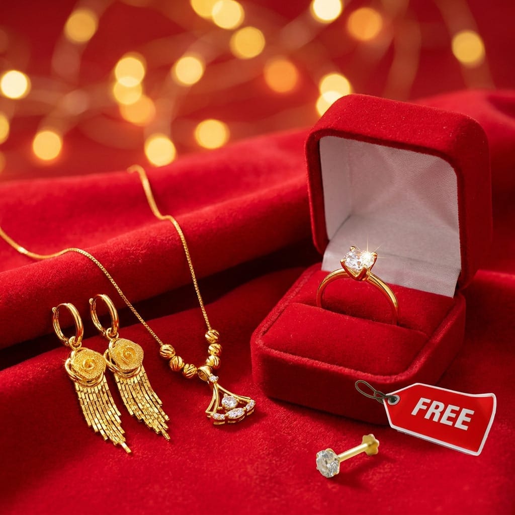 24K Gold Plated Complete Jewelry Set | 1x necklace | 1 Pair ear ring | 1 finger ring | 1 nose pin -Triangle - Image 2