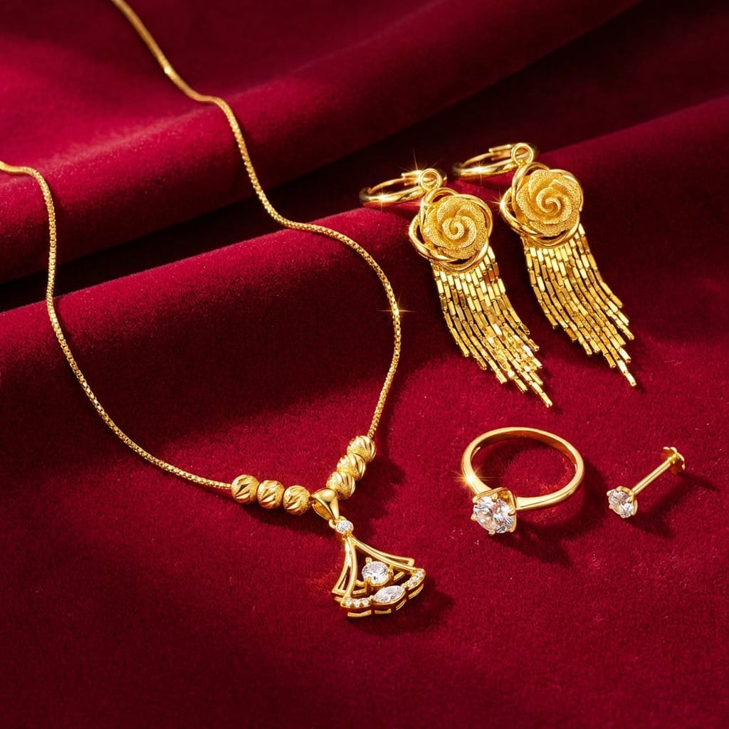 24K Gold Plated Complete Jewelry Set | 1x necklace | 1 Pair ear ring | 1 finger ring | 1 nose pin -Triangle - Image 3