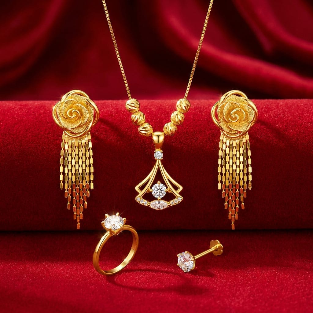 24K Gold Plated Complete Jewelry Set | 1x necklace | 1 Pair ear ring | 1 finger ring | 1 nose pin -Triangle - Image 4