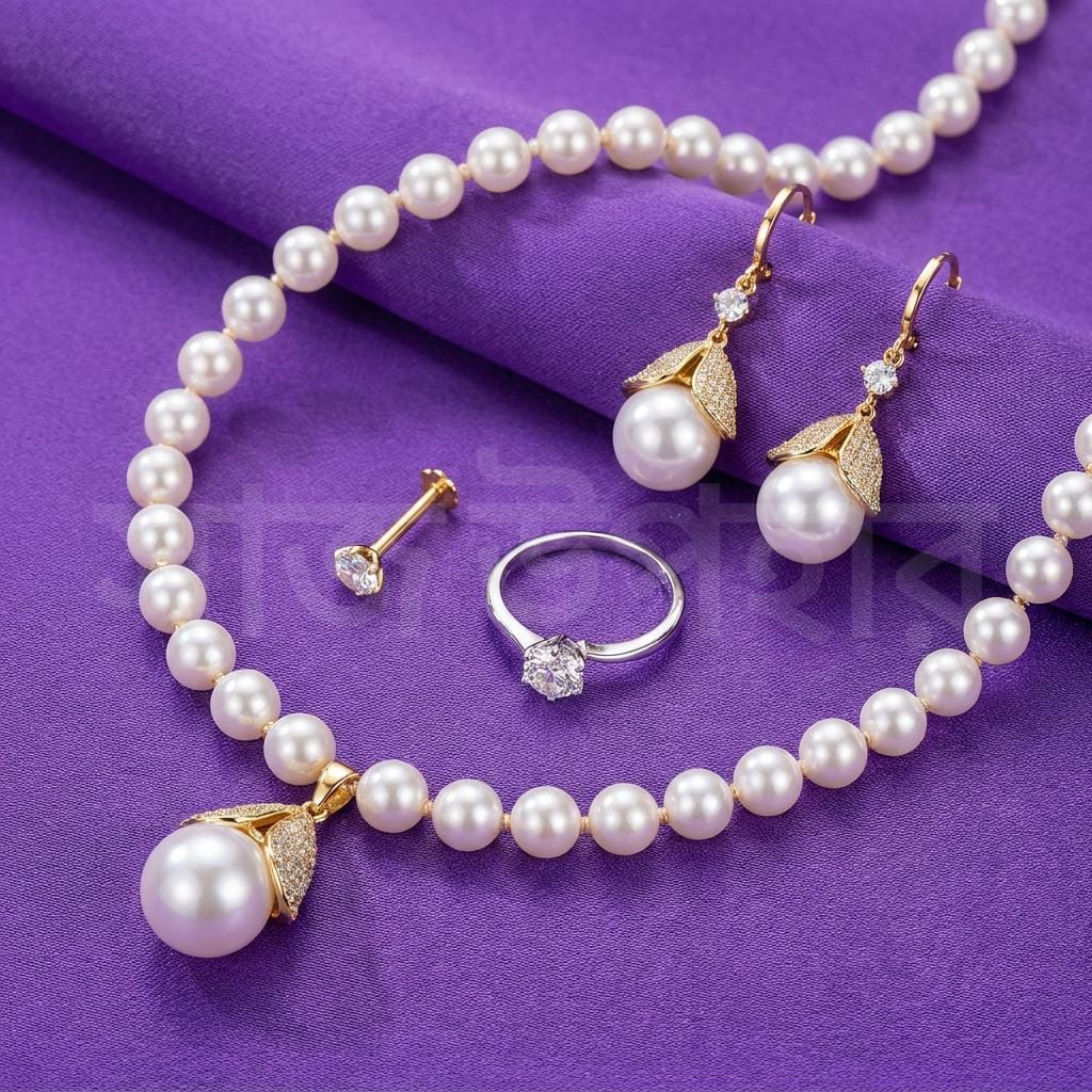 Pearl Jewelry Gift Set | 1x necklace | 1 finger ring | 1 nose pin -Leaf White - Image 3