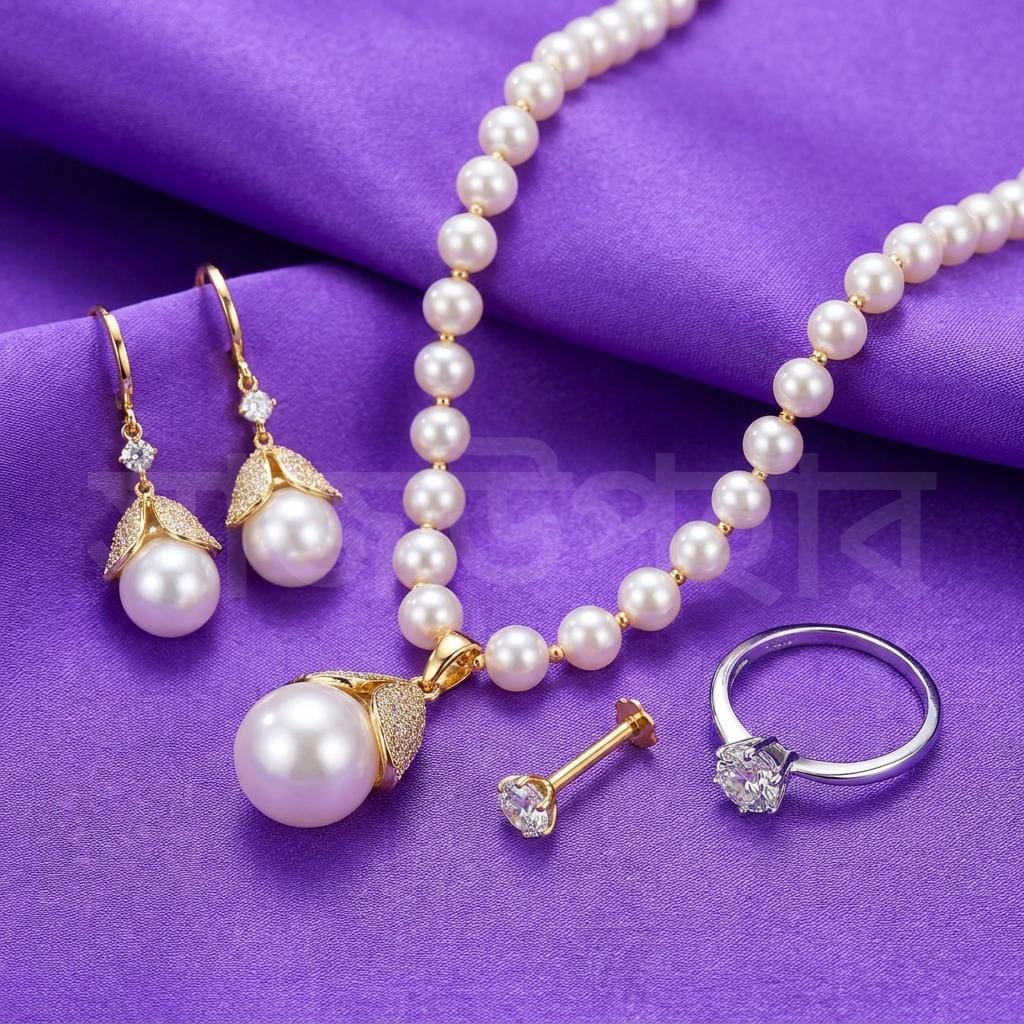 Pearl Jewelry Gift Set | 1x necklace | 1 finger ring | 1 nose pin -Leaf White - Image 4