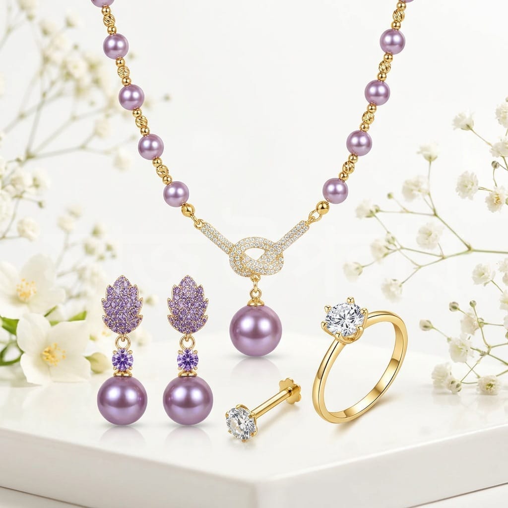 Pearl Jewelry Gift Set | 1x necklace | 1 pair ear ring | 1 finger ring | 1 nose pin -PLF - Image 2