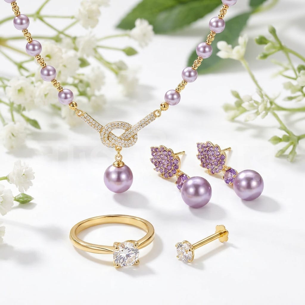 Pearl Jewelry Gift Set | 1x necklace | 1 pair ear ring | 1 finger ring | 1 nose pin -PLF - Image 3